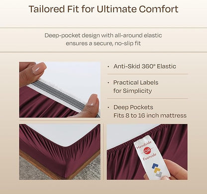 California Design Den Natural 100% Cotton Sheets King Size Deep Pocket Set - Luxury Hotel 800 Thread Count Sateen, King Size Sheets Set, Anti-Skid Elastic for a Snug Fit, Cool and Durable - Red Wine