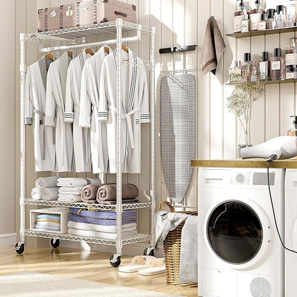 Heavy Duty Rolling Garment Rack 3 Tiers Adjustable Wire Shelving Clothes Rack with Rods and Side Hooks,Storage Closet Clothing Rack with Wheels White 15.7" D x 29.5" W x 74.5" H