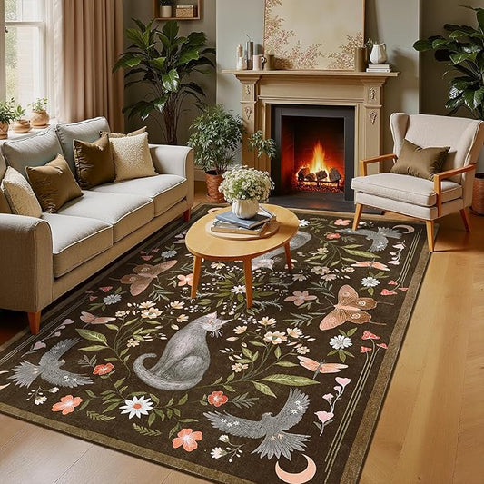 GarveeHome 5x7 Cat Area Rug Brown Washable Rugs for Living Room Bedroom, Soft Mushroom Floral Low Pile Non Slip Floor Mat Animal Print Throw Rug Indoor Carpet for Dorm Playroom Gothic Decor
