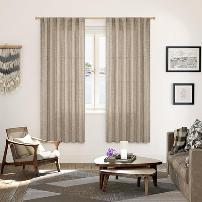 YoungsTex Dark Oatmeal Linen Semi Sheer Curtains 2 Panels for Living Room - Bulap Window Drapes Light Filtering with Back Tab Rod Pocket Privacy for Farmhouse Bedroom, 52 X 72 Inch