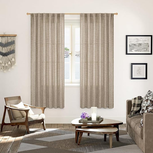 YoungsTex Dark Oatmeal Linen Semi Sheer Curtains 2 Panels for Living Room - Bulap Window Drapes Light Filtering with Back Tab Rod Pocket Privacy for Farmhouse Bedroom, 52 X 72 Inch