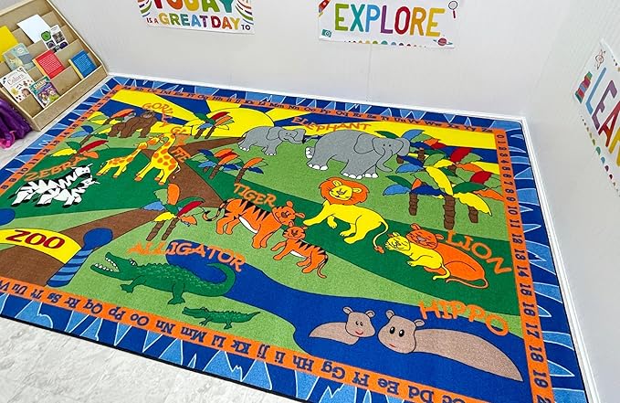 Animals at The Zoo Nylon Area Rug, 4' x 6', Multicolored, Educational Classroom Rug, Kids Learning Play Mat | Area Rug for Bedroom or Playroom