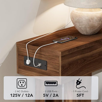 63 Inch Long Console Table w/Outlets & USB Ports, Narrow Rectangular Sofa Table Behind The Couch, Farmhouse Entryway Table for Entrance, Hallway, Living Room(Brown with Outlet)