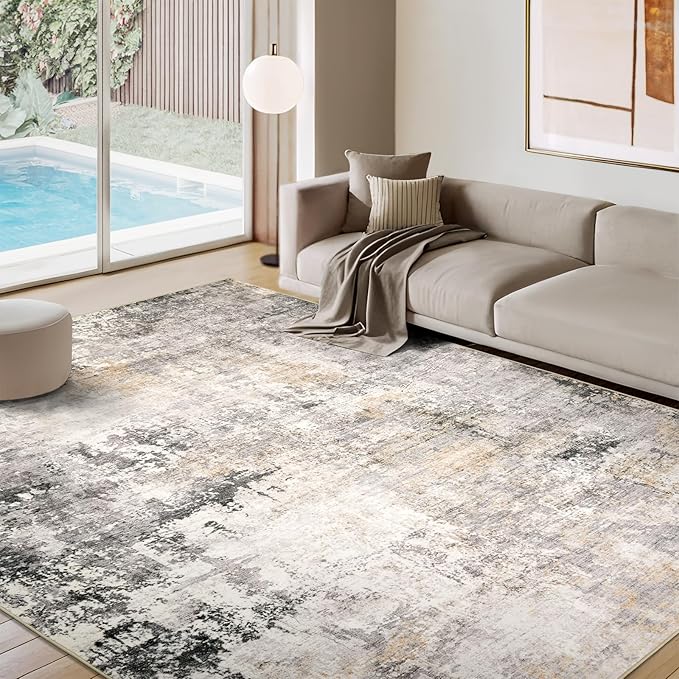 AUKOW 10x12 Area Rug for Living Room - Washable Abstract Rus Modern Neutral Soft Rug for Bedroom Dining Room No Slip Low Pile Carpet for Nursery Home Office - Charcoal Grey