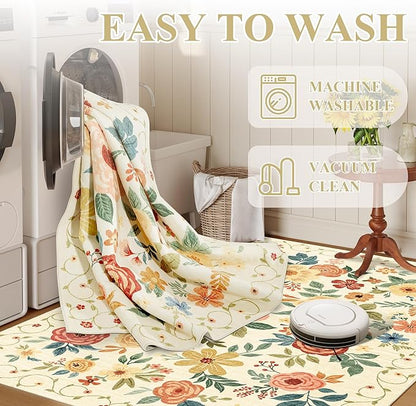 DUKINO Runner Rug, 2.6x8 Kitchen Rug for Hallway with Non Slip Backing, Washable Low Pile Soft Boho Floral Runner Carpet for Hallway, Kitchen, Entryway, Laundry, Bedroom, Beige Yellow