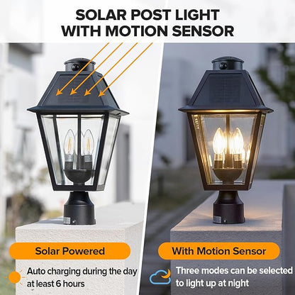 LUTEC Outdoor Solar Lamp Post Light with Motion Sensor, Dusk to Dawn Waterproof Pole Light Head with Three Modes, Exterior Black Solar Powered Fence Post Light Fixtures for Outside