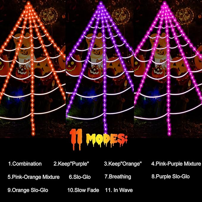 Upgrade 3 Colors Purple/Orange/Pink/Spiders Web Lights,with Single Color Always ON,11 Modes 16.4Ft 200 LED Super Bright Halloween Decorations Lights with Remote Control,49'' Giant Glowing Spider