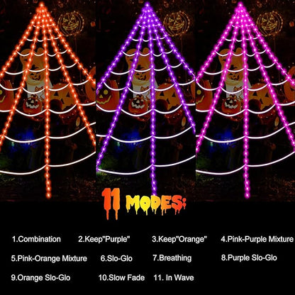 Upgrade 3 Colors Purple/Orange/Pink/Spiders Web Lights,with Single Color Always ON,11 Modes 16.4Ft 200 LED Super Bright Halloween Decorations Lights with Remote Control,49'' Giant Glowing Spider