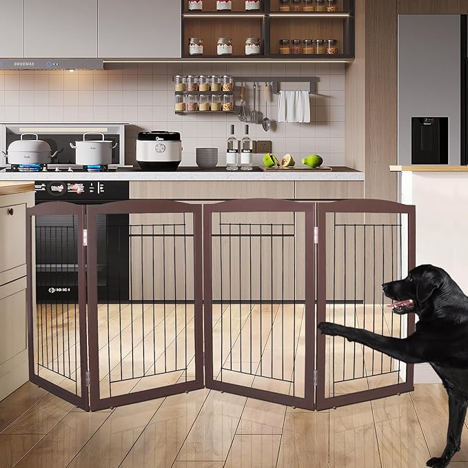ZJSF Freestanding Foldable Dog Gate for House Extra Wide Wooden Brown Puppy Gate Stairs Dog Gates Doorways Tall Pet Gate 32 "Height 4 Panels Pet Fence