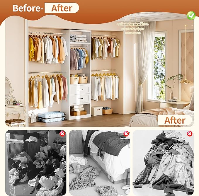78.7" H Metal Closet System with 2 Drawers, 4.6-7.8 FT Closet Organizer with 5 Hanging Rods, Walk In Closet Organizer System, Built-in Wardrobe Clothes Rack