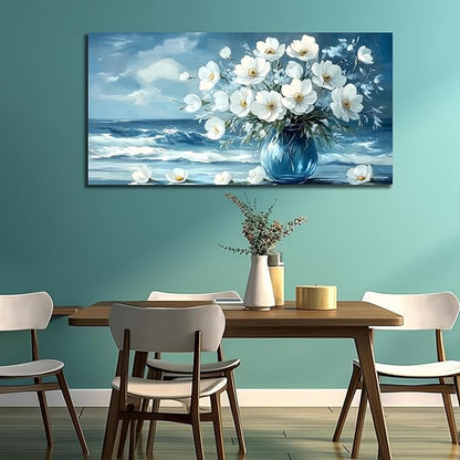 Flower Wall Art for Living Room, Ocean Canvas Wall-Decor for Bedroom, Blue and White Picture Print Artwork for Office, Large Size 59 x 29 Inches