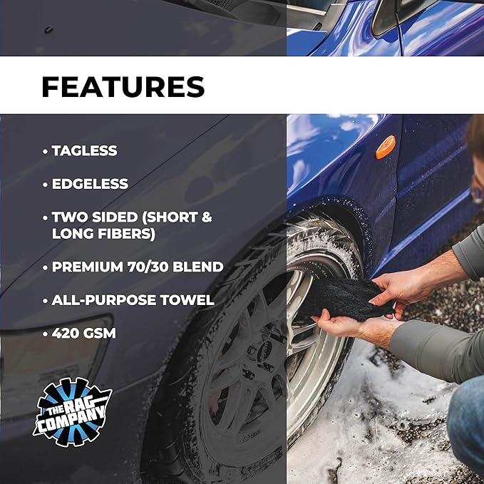 The Rag Company - Creature Edgeless Auto Detailing Towels (10-Pack) Professional 70/30 Blend, Dual-Pile Plush Microfiber, Buffing & Polishing, 420gsm, 16in x 16in, Black