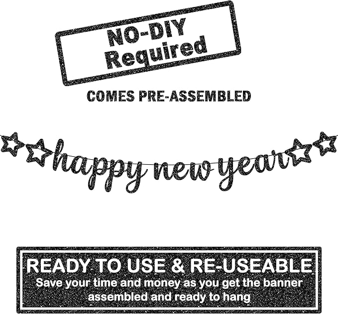 KatchOn, Glitter Happy New Year Banner Black - 10 Feet, No DIY | Black Happy New Year Sign | New Years Eve Party Supplies 2026 | New Years Banner, NYE Decorations 2026