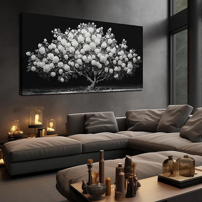 JuhaiArt Tree Painting Canvas Bedroom Black Poster Floral Wall Decor White Rose Wall Picture for Living Room Home Office 29"x 59"