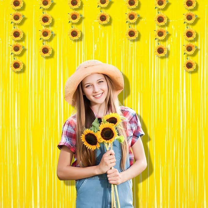 BRAVESHINE Foil Fringe Curtain Backdrop - 2 Pack Yellow Tinsel Photo Booth Backdrop Party Streamers for Easter, Birthdays, Christmas, Lemon, Pineapples Party Decorations