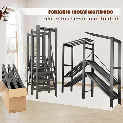 Heavy Duty Clothes Rack with Magnetic Door, Metal Foldable Covered Clothes Rack, Portable Wardrobe Closet System for Hanging Clothes, Rolling Garment Racks for Bedroom (Brown Zipper, 59in)
