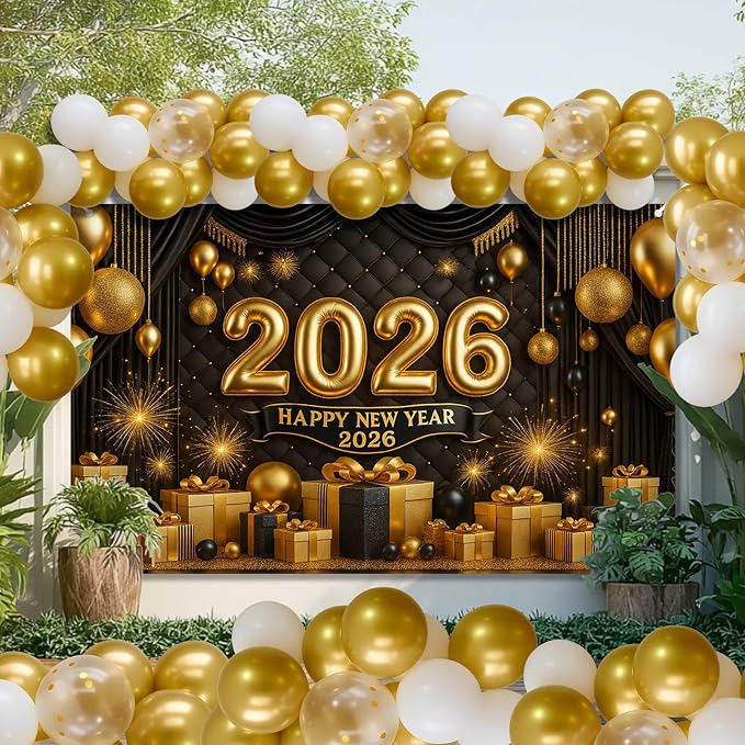 Happy New Year 2026 Backdrop Gold Black Balloons Fireworks Gift Boxes Sparkling Party Banner 71x43 Inches New Year Eve Decoration Indoor Outdoor Celebration Photography Background