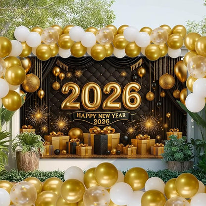 Happy New Year 2026 Backdrop Gold Black Balloons Fireworks Gift Boxes Sparkling Party Banner 71x43 Inches New Year Eve Decoration Indoor Outdoor Celebration Photography Background