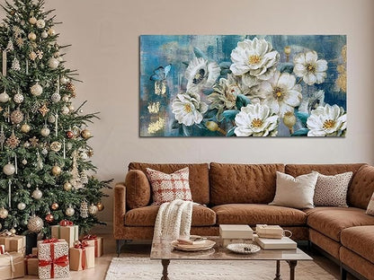 Arjun Big Size Flowers Canvas Wall Art for Bedroom, White Elegant Teal Picture, Textured Floral Magnolia Painting Living Room Wall Decor Turquoise Large Artwork Dining Room Home Office 58"x29"