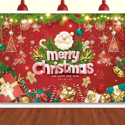 7x5FT Merry Christmas Banner - Santa Claus & Reindeer Background - Red Xmas Party Backdrop for Kids