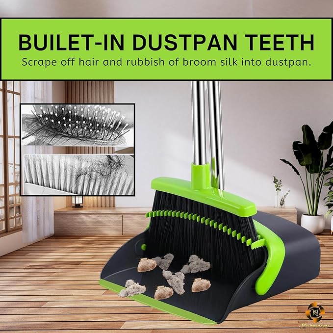 Standing Broom and Dustpan Set, Built-in Scraper Teeth, No-Slip Grip, Dust Collection Tray for Home, Office, Lobby, and Outdoor, Adjustable Handle from 38.18" to 52" (Black & Green)