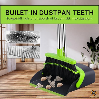 Standing Broom and Dustpan Set, Built-in Scraper Teeth, No-Slip Grip, Dust Collection Tray for Home, Office, Lobby, and Outdoor, Adjustable Handle from 38.18" to 52" (Black & Green)