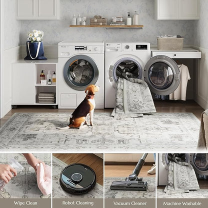 jinchan Hallway Runner Rug 3x10 Machine Washable - Vintage Floral Non-Slip Low-Pile Soft Ultra-Thin Faux Wool Kitchen Rug Distressed Carpet Runner for Farmhouse Bedroom Laundry Room (3x10ft,Taupe)
