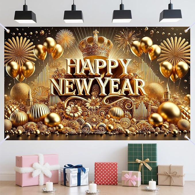 Nuxovilar Happy New Year Banner, Golden Snowflakes Glittery Backdrop for Party Decorations, 71x43 Inch