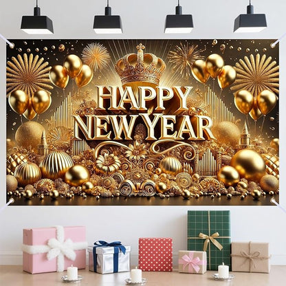 Nuxovilar Happy New Year Banner, Golden Snowflakes Glittery Backdrop for Party Decorations, 71x43 Inch