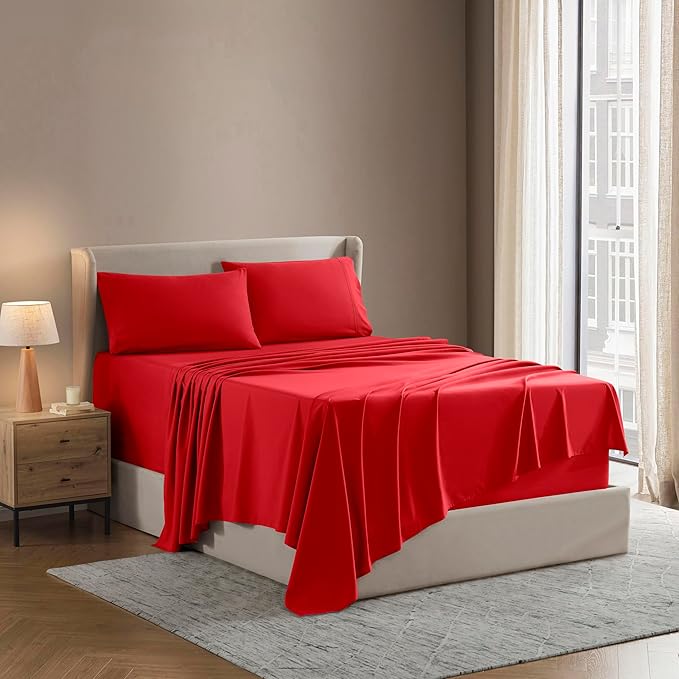 Nestl Queen Sheet Set - Luxury 1800 Ultra-Soft Microfiber Bed Sheets - Double Brushed - Deep Pockets - Easy Fit - 4 Piece Set - Bedding Sheets & Pillowcases (Queen, Red)