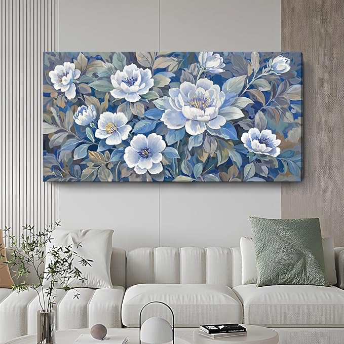 ARTZON Large Wall Art for Living Room Botanical Flower Canvas Print Blue and White Grey Floral Peony Artwork Modern Spring Leaf Plant Picture Home Women Bedroom Dining Room Office Decor 48x24 Inch