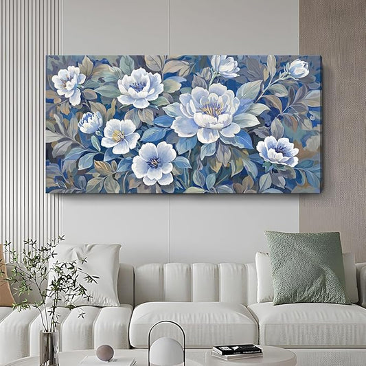 ARTZON Large Wall Art for Living Room Botanical Flower Canvas Print Blue and White Grey Floral Peony Artwork Modern Spring Leaf Plant Picture Home Women Bedroom Dining Room Office Decor 48x24 Inch