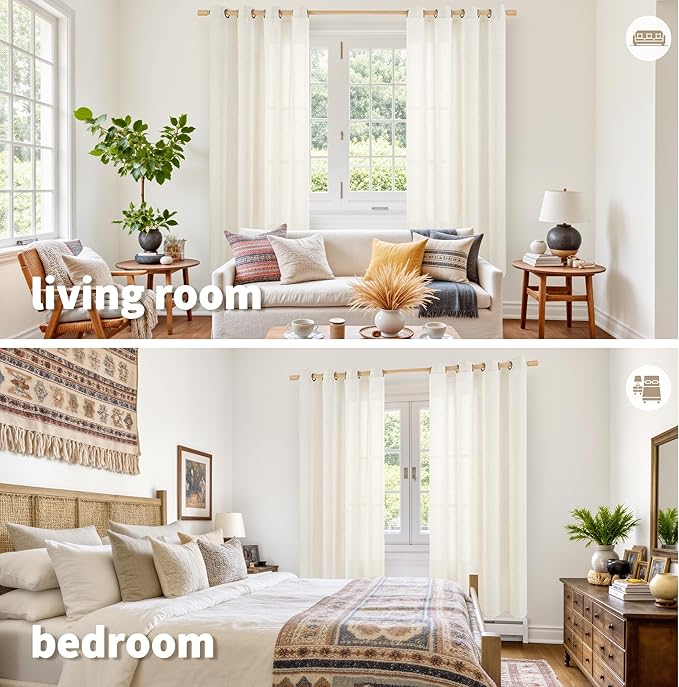 YoungsTex Ivory Linen Curtains 72 Inch Length for Living Room, Light Filtering Drapes with Bronze Grommet Rustic Semi Sheer Privacy for Bedroom Farmhouse Decorative, 52 x 72 Inch, 2 Panels