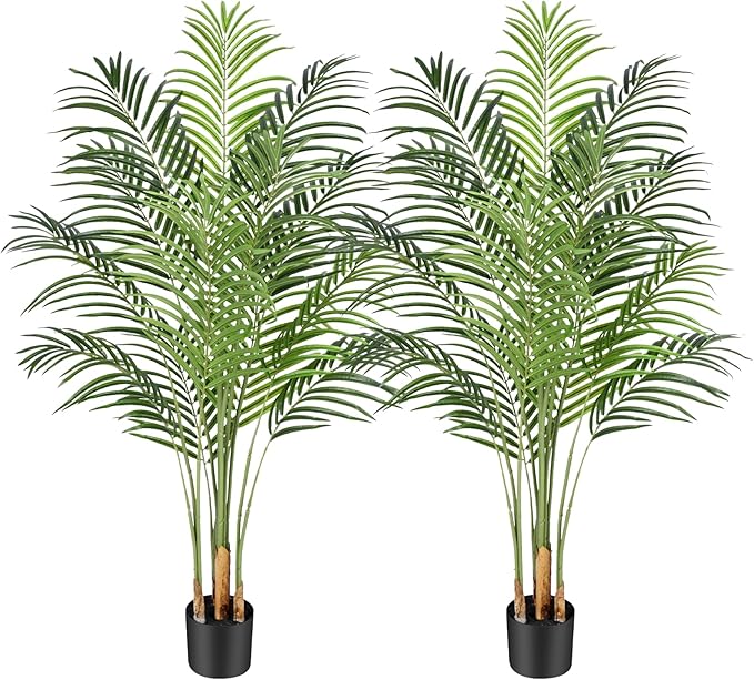 5ft Artificial Palm Tree Indoor Plant Tall Fake Tropical Paradise Palm Tree in Pot with Real Bark Design Faux Areca Palm Tree for Home Office Living Room Bedroom Farmhouse Modern Decor 2pcs