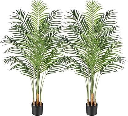 5ft Artificial Palm Tree Indoor Plant Tall Fake Tropical Paradise Palm Tree in Pot with Real Bark Design Faux Areca Palm Tree for Home Office Living Room Bedroom Farmhouse Modern Decor 2pcs