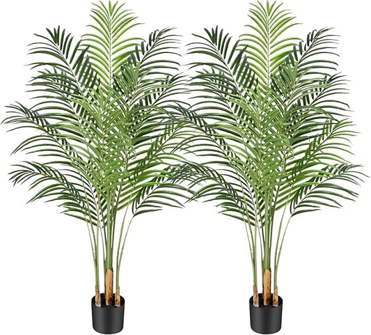 5ft Artificial Palm Tree Indoor Plant Tall Fake Tropical Paradise Palm Tree in Pot with Real Bark Design Faux Areca Palm Tree for Home Office Living Room Bedroom Farmhouse Modern Decor 2pcs