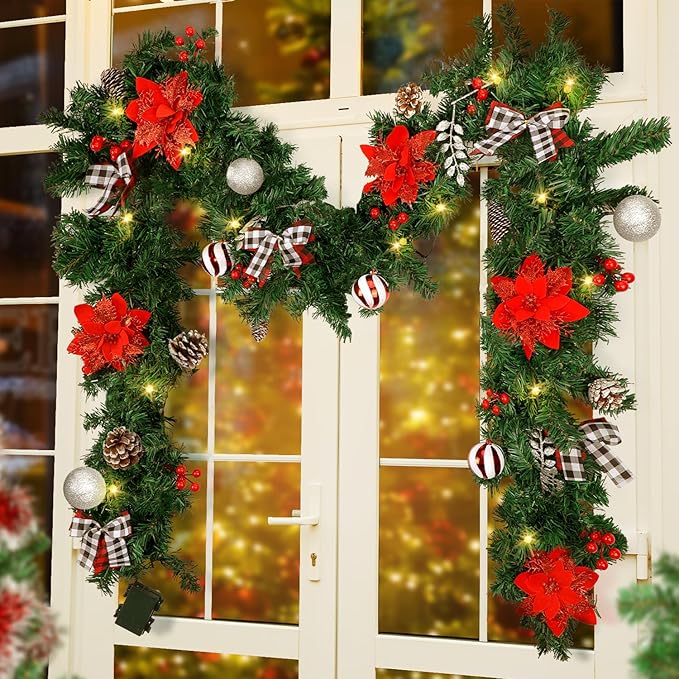 Christmas Garland with Lights,Pre-lit 9ft Christmas Decorations with 50 LED Lights,with Waterproof Battery Box,Indoor&Outdoor Use,for Stairs Fireplace Front Door Porch Home (Battery NOT Include)