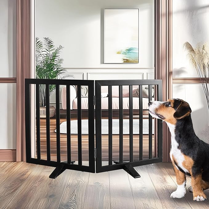 Dog Gate Indoor, Freestanding Dog Fence for The House, Doorways, Hallways,or Stairs,Pet Gate Foldable Wooden,Expandable 24" Height 2 Panels,Black
