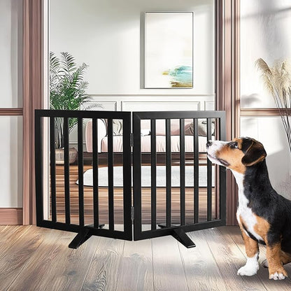 Dog Gate Indoor, Freestanding Dog Fence for The House, Doorways, Hallways,or Stairs,Pet Gate Foldable Wooden,Expandable 24" Height 2 Panels,Black