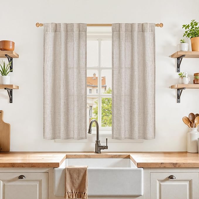 YoungsTex Natural Linen Curtains 48 Inch Length for Kitchen Window, Short Semi Sheer Drapes with Rod Pocket Back Tab Light Filtering for Cafe Bathroom Windows, 2 Panels, 30 X 48 Inch
