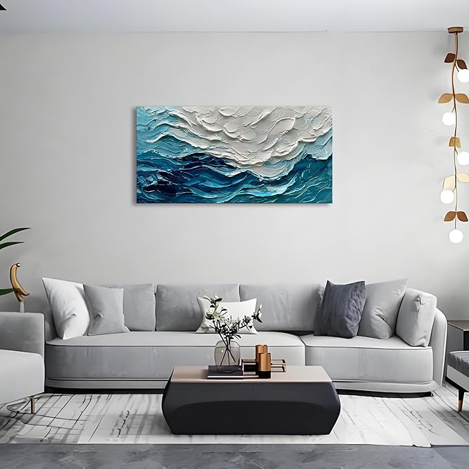Art 24x48 inch Hand-Painted Blue Ocean Landscape Oil Painting Large Abstract Canvas Art Home Wall Decoration