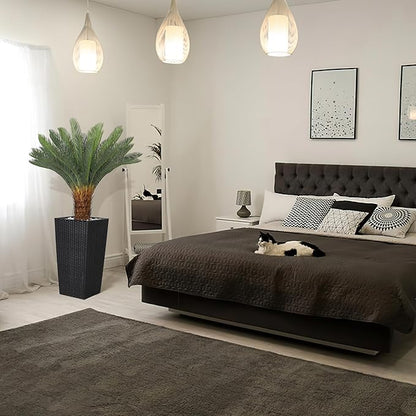 4FT Artificial Cycas Tree, Faux Sago Palm Tree with Planter, Decorative Rocks, Fake Palm Tropical Plant with Authentic Leaves and Trunk for Home Office Patio Porch Decor(Black)