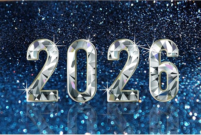 YongFoto 2026 Happy New Year Backdrop 7x5ft Diamond Sparkle Blue Photography Background Christmas Night Festival Carnival Celebration Party Banquet Decor Banner Photoshoot Wallpaper Photo Booth