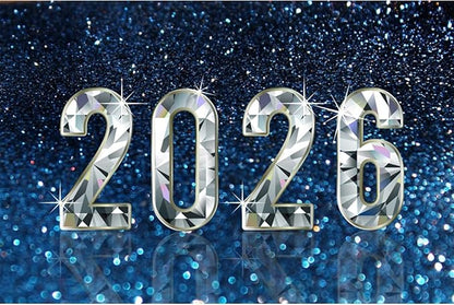 YongFoto 2026 Happy New Year Backdrop 10x7ft Diamond Sparkle Blue Photography Background Christmas Night Festival Carnival Celebration Party Banquet Decor Banner Photoshoot Wallpaper Photo Booth