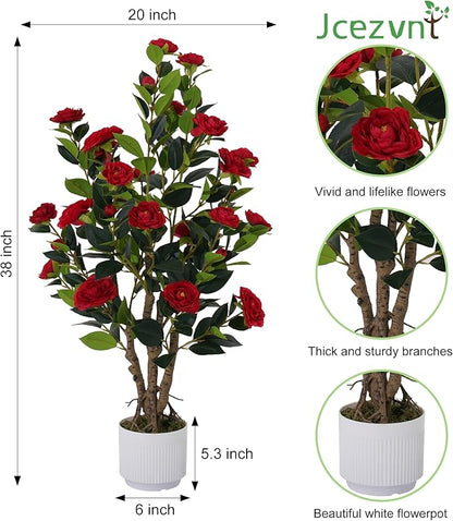 2 Pack Artificial Camellia Tree with White Pot, 38" Faux Potted Plants for Indoor Outdoor Decor, Tall Silk Greenery Plant for Home Office Living Room Balcony, Red