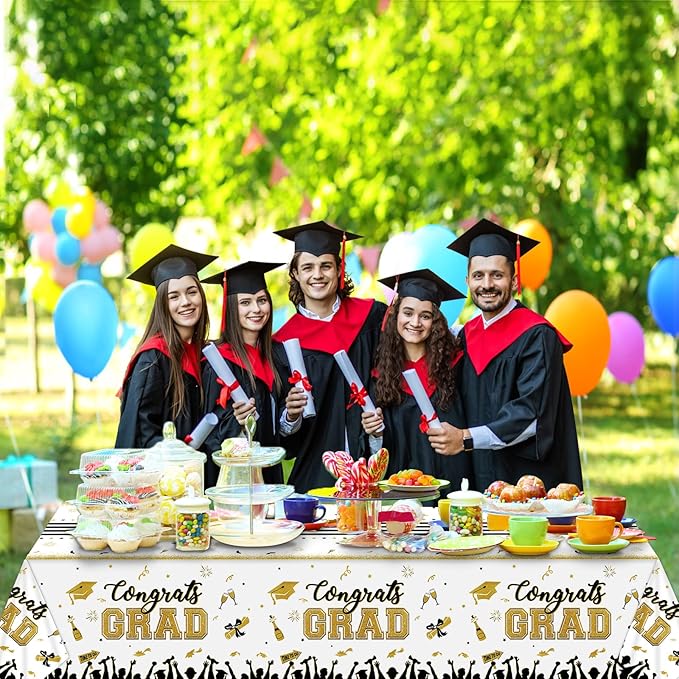 chiazllta Set of 3 Graduation Tablecloths Class of 2024 Congrats Grad Purple Graduation Party Tablecover Decorations Party Supplies Large Size Plastic 54"x109"(White & Gold)