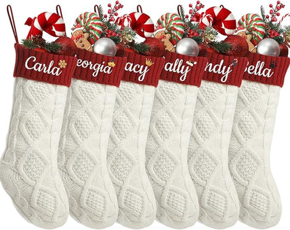 Personalized Christmas Stockings,Custom Embroidered Name+Logo Xmas Knitted Stockings 18'',Holiday and Family Stocking for Fireplace Christmas Holiday Party Decoration 1-6Pack（White Red）