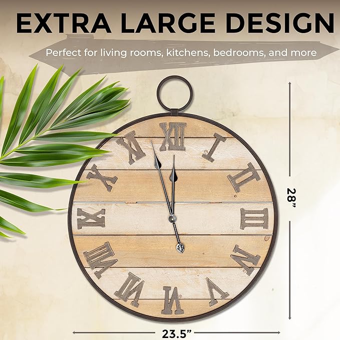 Large Wooden Wall Clock - Antique, Vintage, Rustic, Country Farmhouse Style - Real Wood - Iron Roman Numeral Design - Built-in Wall Hanging Ring - 23.5" x 28"