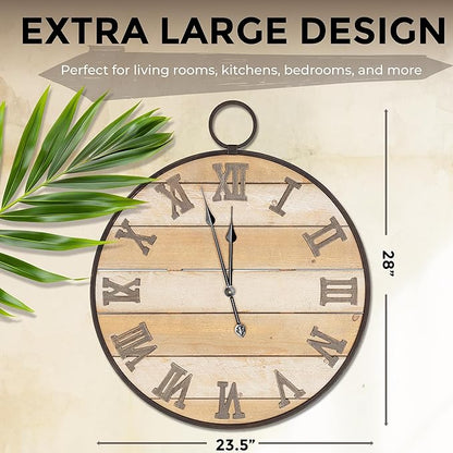 Large Wooden Wall Clock - Antique, Vintage, Rustic, Country Farmhouse Style - Real Wood - Iron Roman Numeral Design - Built-in Wall Hanging Ring - 23.5" x 28"