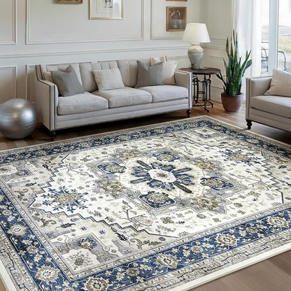 Machine Washable Area Rug 8x10 - Large for Living Room Vintage Oriental Soft Rugs, Low Pile Thin Floor Carpet with Non Slip Backing for Bedroom, Dorm, Under Dining Room Table, Indoor House, Office